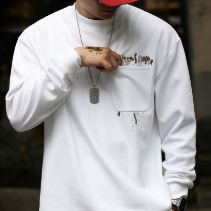 美式休閒手工刺繡長袖T恤男寬鬆口袋設計300g小領口衛衣