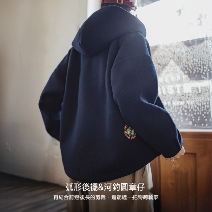 復古藏青色收腰休閒加厚防風連帽毛呢呢子外套開衫上衣女秋冬