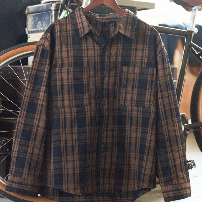 美式復古300g重磅格紋襯衫男純棉加厚磨毛長袖襯衣外套