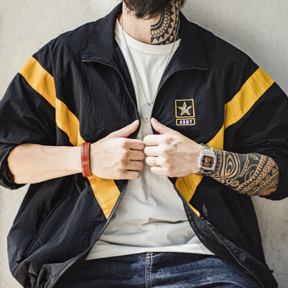 美式復古ARMY訓練服夾克IPFU運動撞色寬鬆立領外套男秋-Retro's Wear