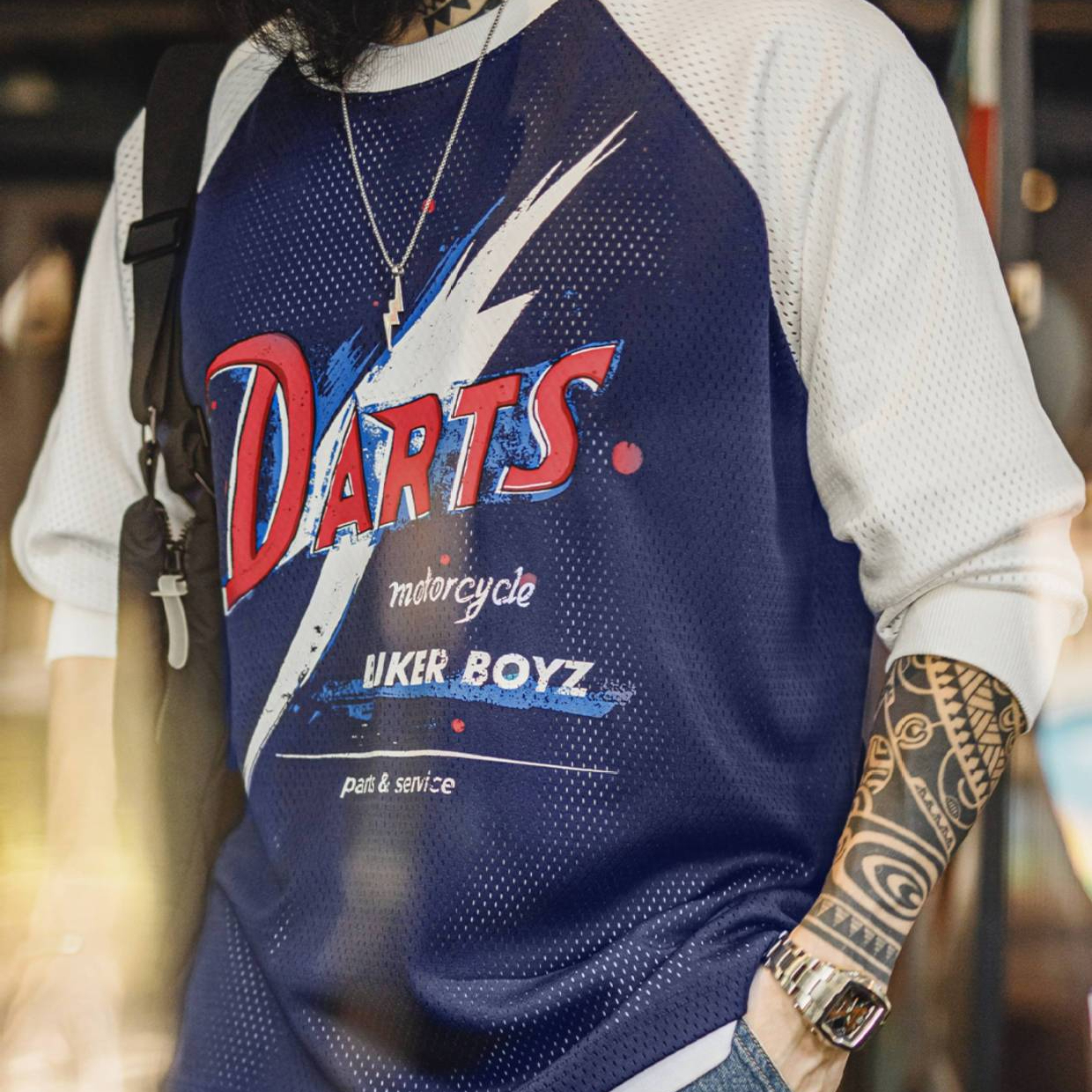 美式印花長袖T恤鏤空撞色針織插肩袖垂感套頭衛衣男夏秋