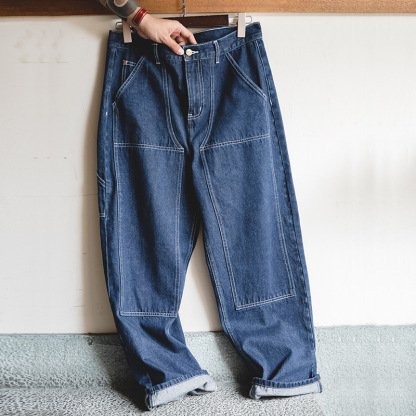 美式復古水洗丹寧伐木工褲寬鬆直筒雙膝錐形牛仔褲男秋-Retro's Wear