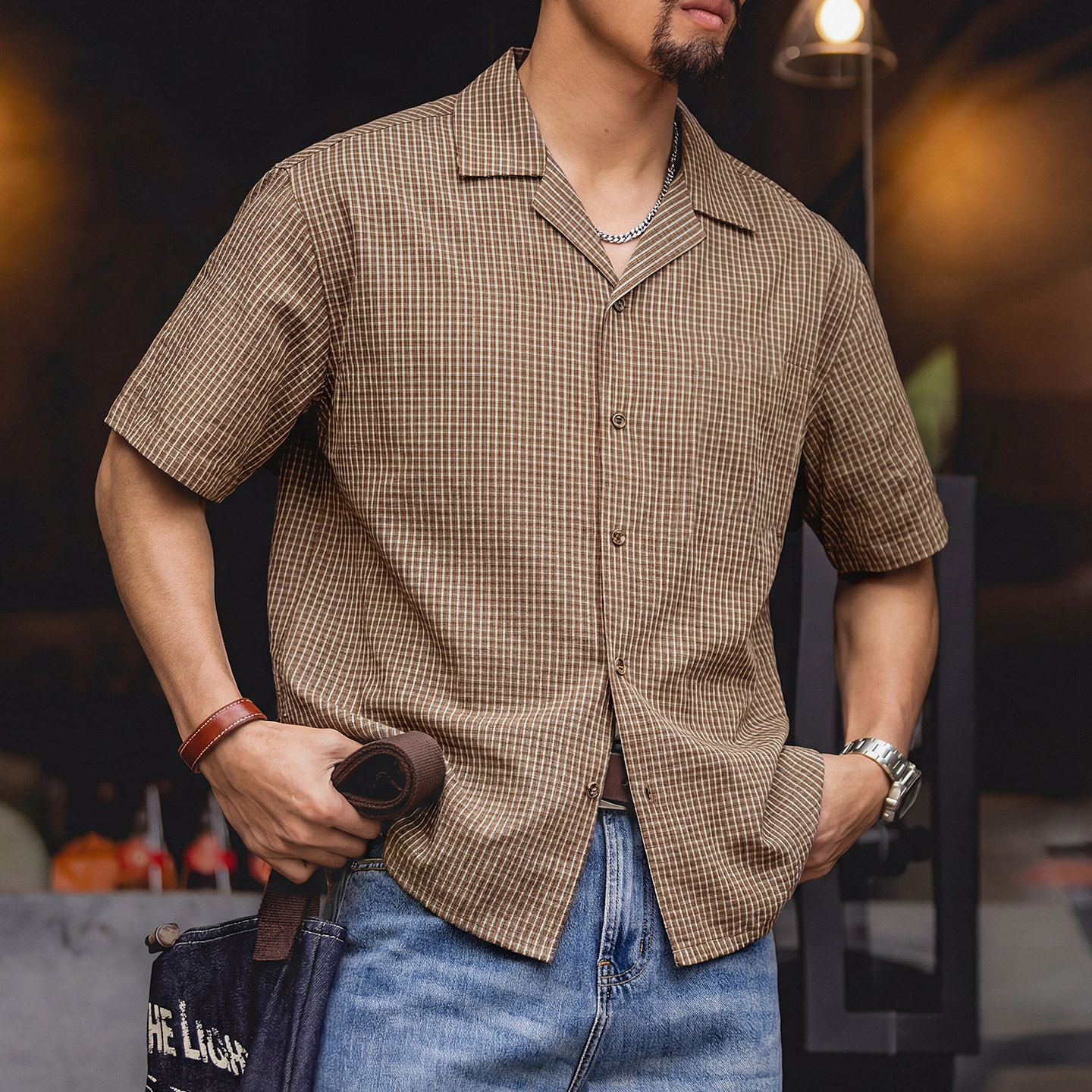 夏季男士速幹短袖襯衫100g輕薄透氣美式復古格紋日常通勤襯衣外套