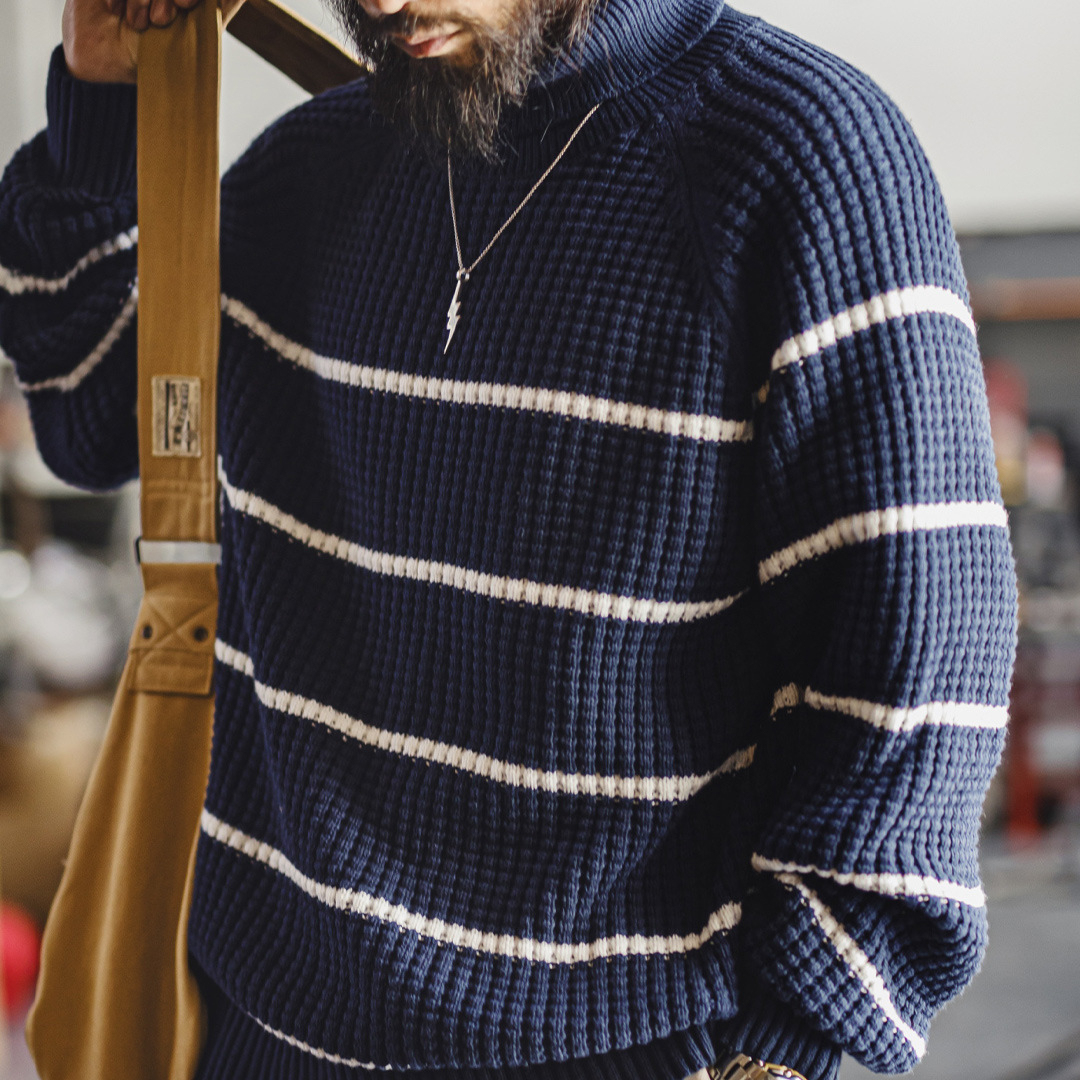 美式復古條紋插肩袖毛衣高領針織鳳梨紋加厚保暖外穿男冬