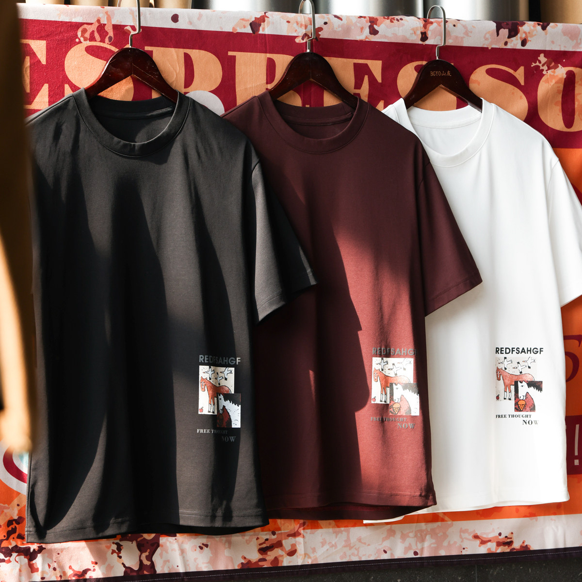 馬年定番趣味印花圓領T恤男美式休閒微寬凉感短袖打底衫