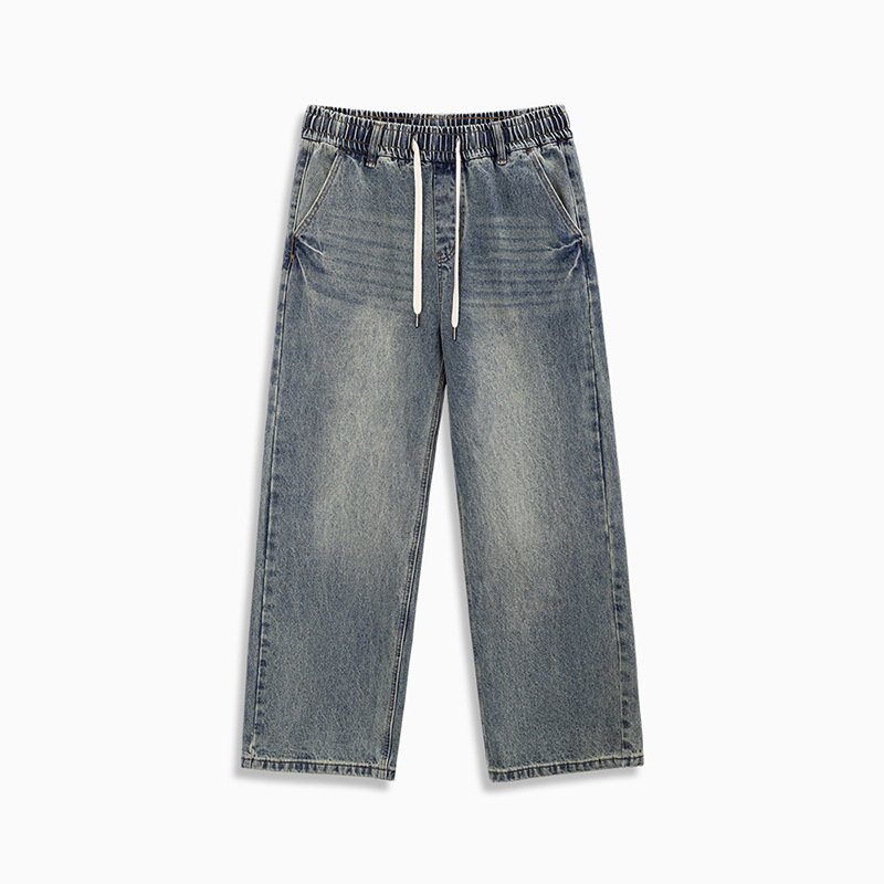 MRA鬆緊腰猫須水洗牛仔褲復古丹寧直筒寬鬆休閒長褲子男夏