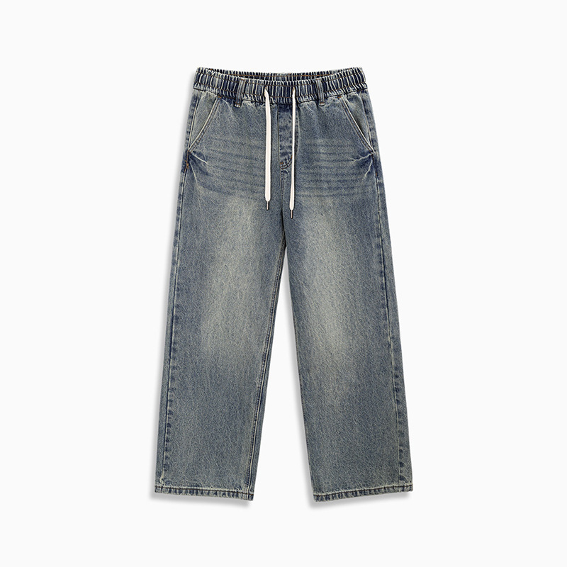 MRA鬆緊腰猫須水洗牛仔褲復古丹寧直筒寬鬆休閒長褲子男夏