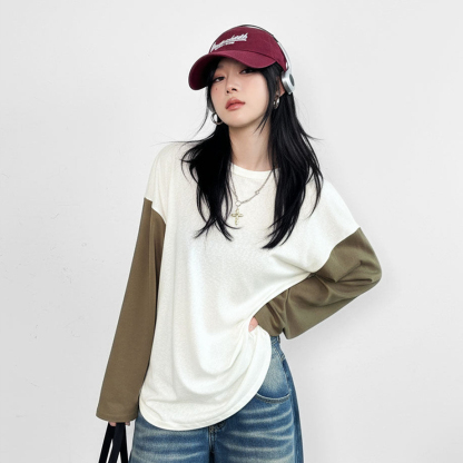 雪花棉圓領寬鬆輕薄撞色拼接內搭長袖T恤衛衣打底衫上衣女春