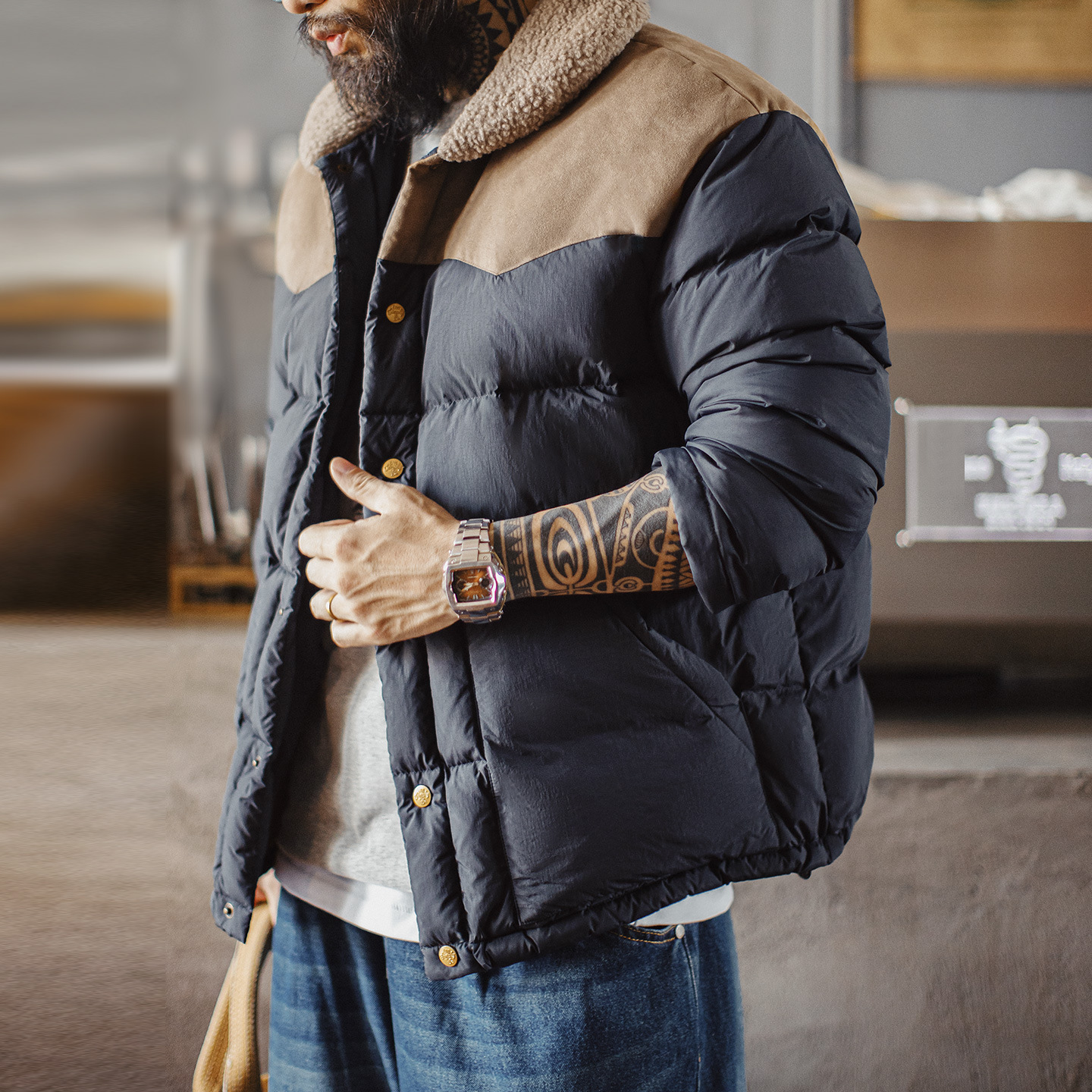 美式復古撞色絨領90白鴨絨羽絨服翻領保暖夾克外套男秋冬