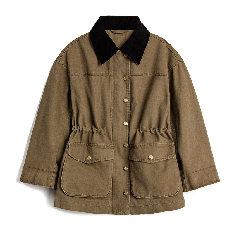 復古卡其撞色巴恩風翻領寬鬆收腰派克工裝夾克外套上衣女士秋