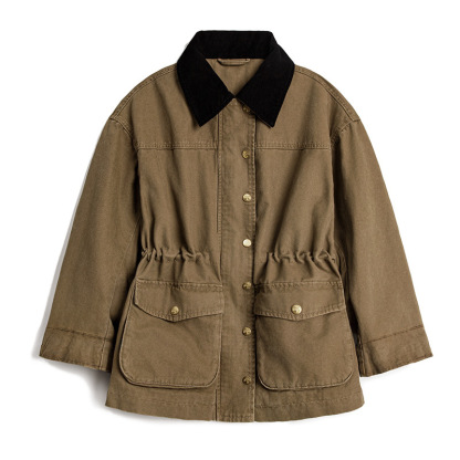 復古卡其撞色巴恩風翻領寬鬆收腰派克工裝夾克外套上衣女士秋