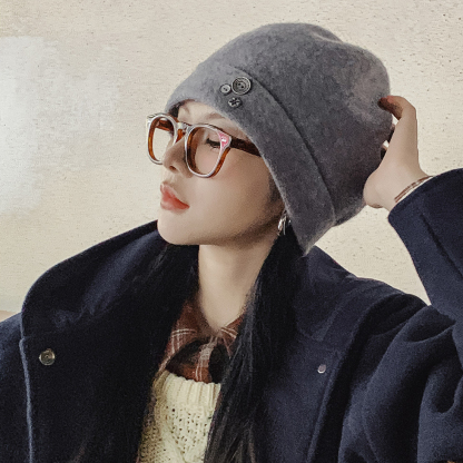 灰色純綿羊毛保暖針織大頭圍防寒護耳包頭堆堆冷帽子女士秋冬