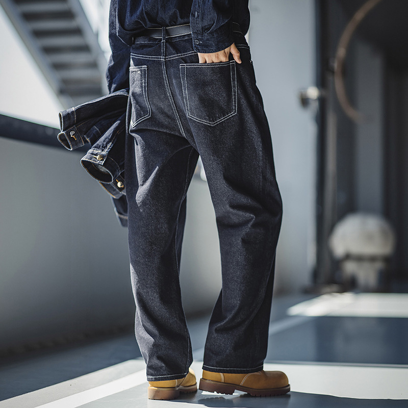 MRA美式復古重磅原牛色直筒牛仔褲闊腿寬鬆垂感深藍牛男夏秋