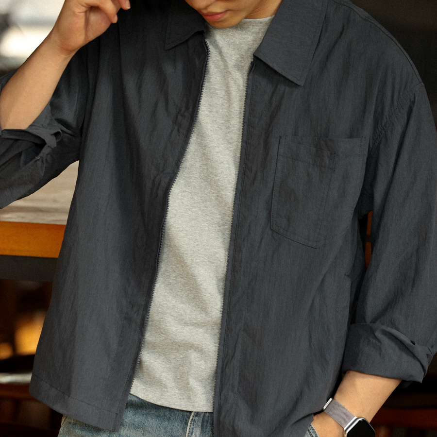 110g原紗萊賽爾薄款夾克男美式休閒拉鍊翻領外搭外套秋