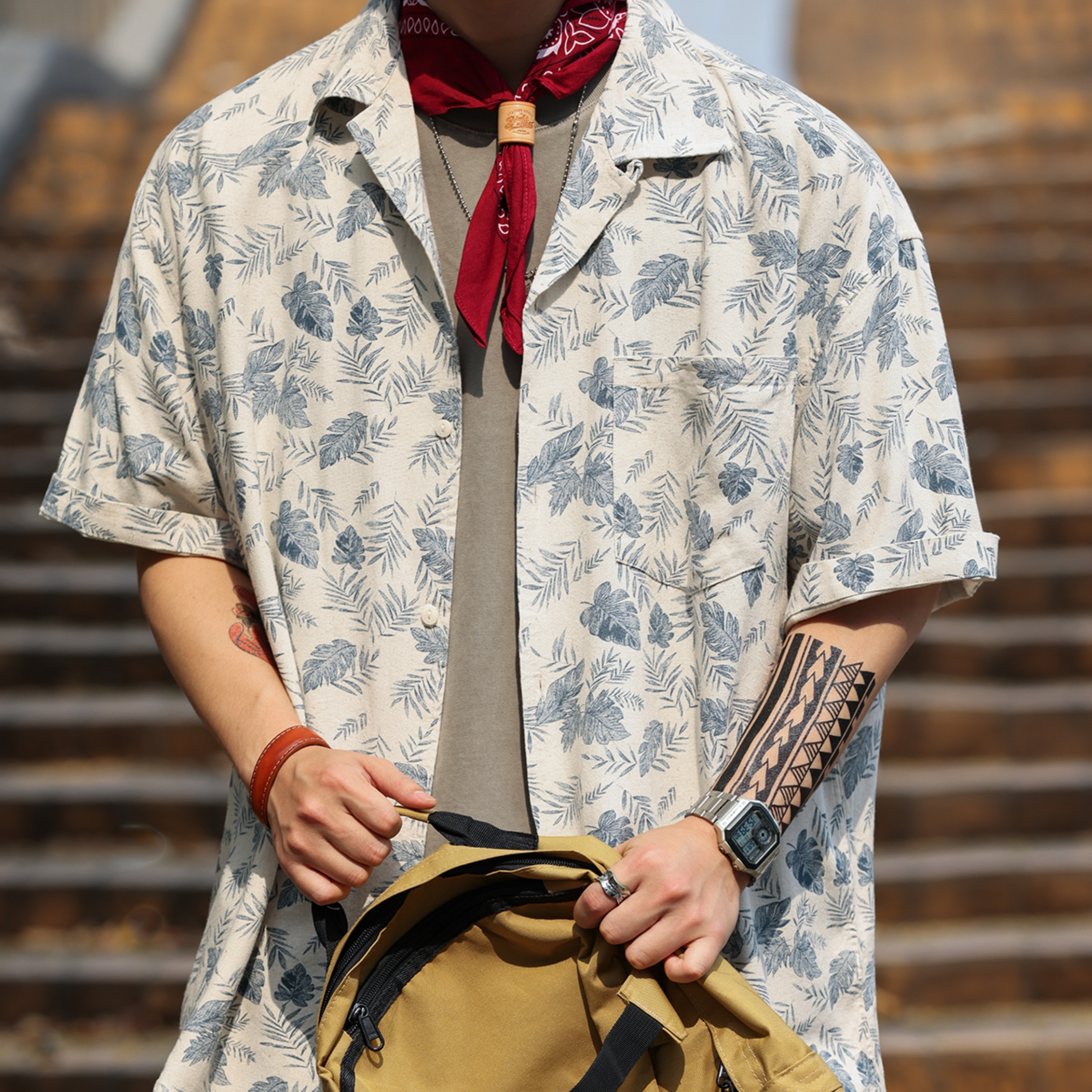 美式休閒古巴領亞麻短袖襯衫男夏季復古度假風半袖襯衣