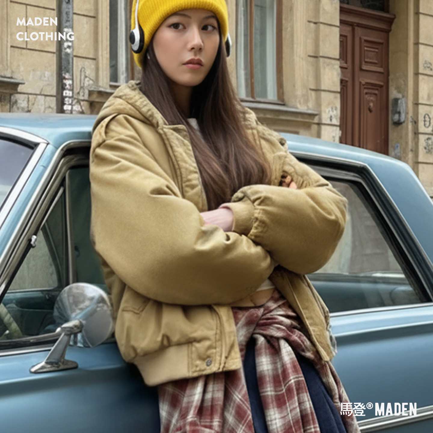 卡其色美式復古寬鬆飛行員夾克連帽工裝夾棉衣服外套女士秋冬