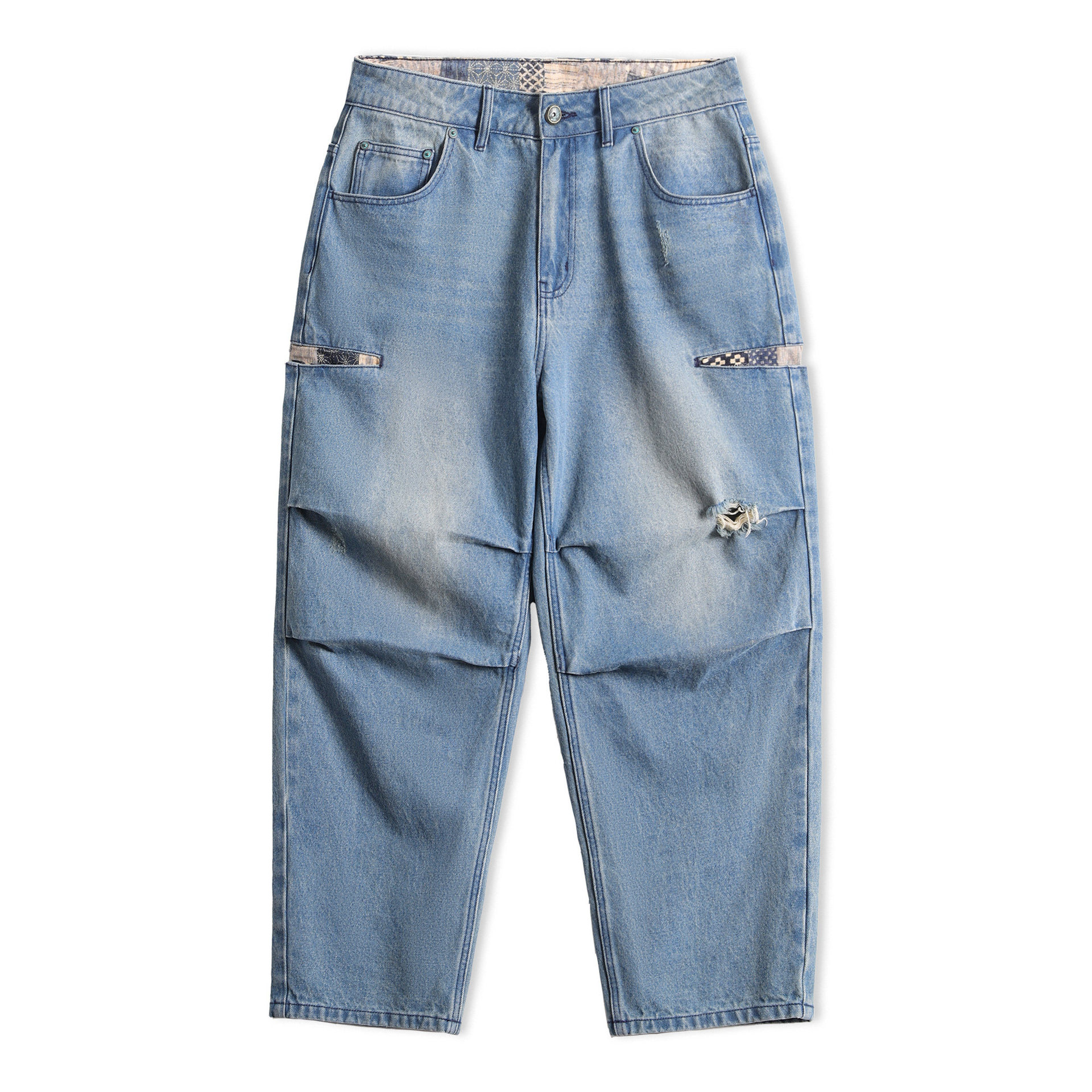 美式復古寬腿松量傘兵牛仔褲古布水洗破洞薄款休閒褲男春