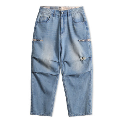 美式復古寬腿松量傘兵牛仔褲古布水洗破洞薄款休閒褲男春