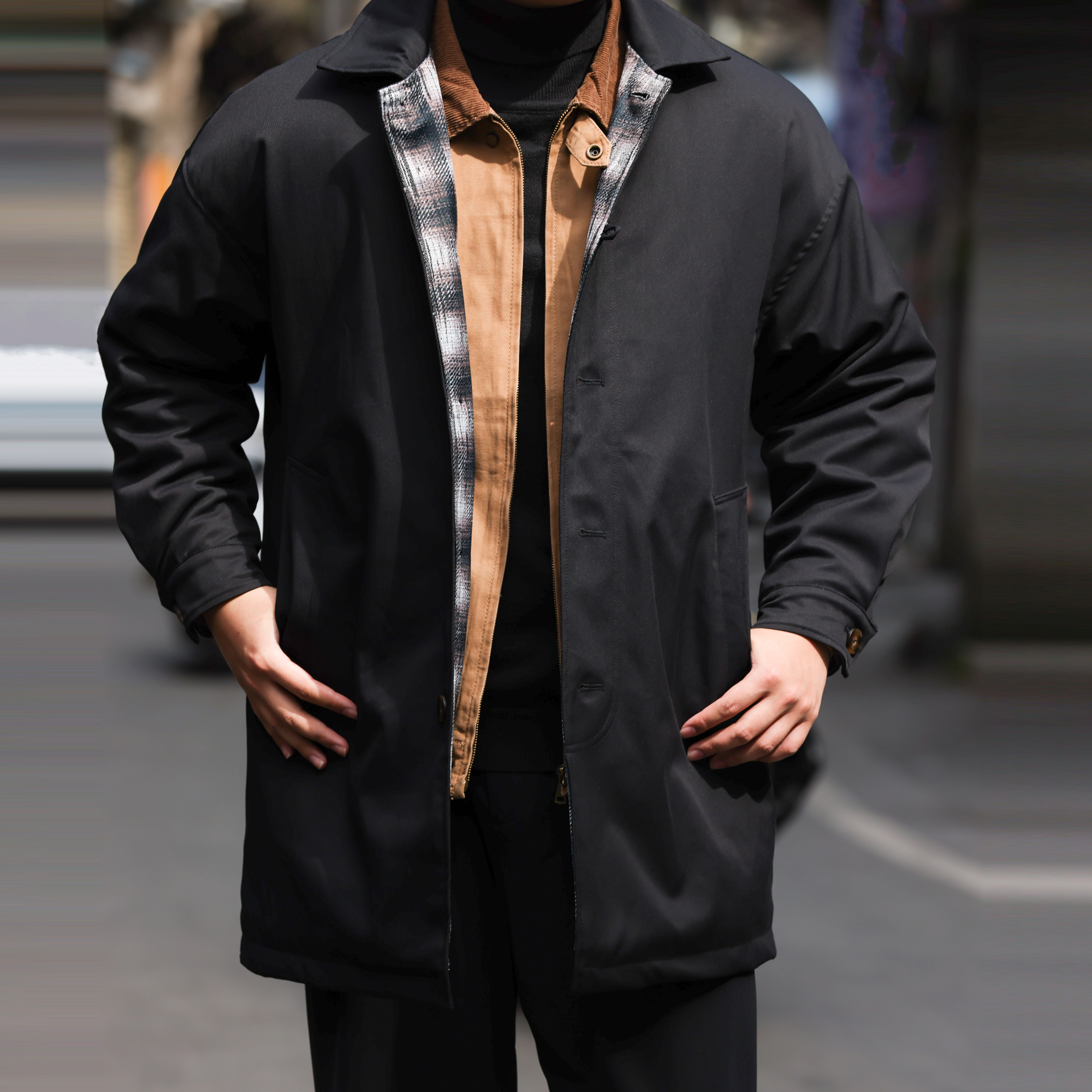 美式休閒翻領中長款風衣男夾棉加厚單排扣簡約棉衣外套