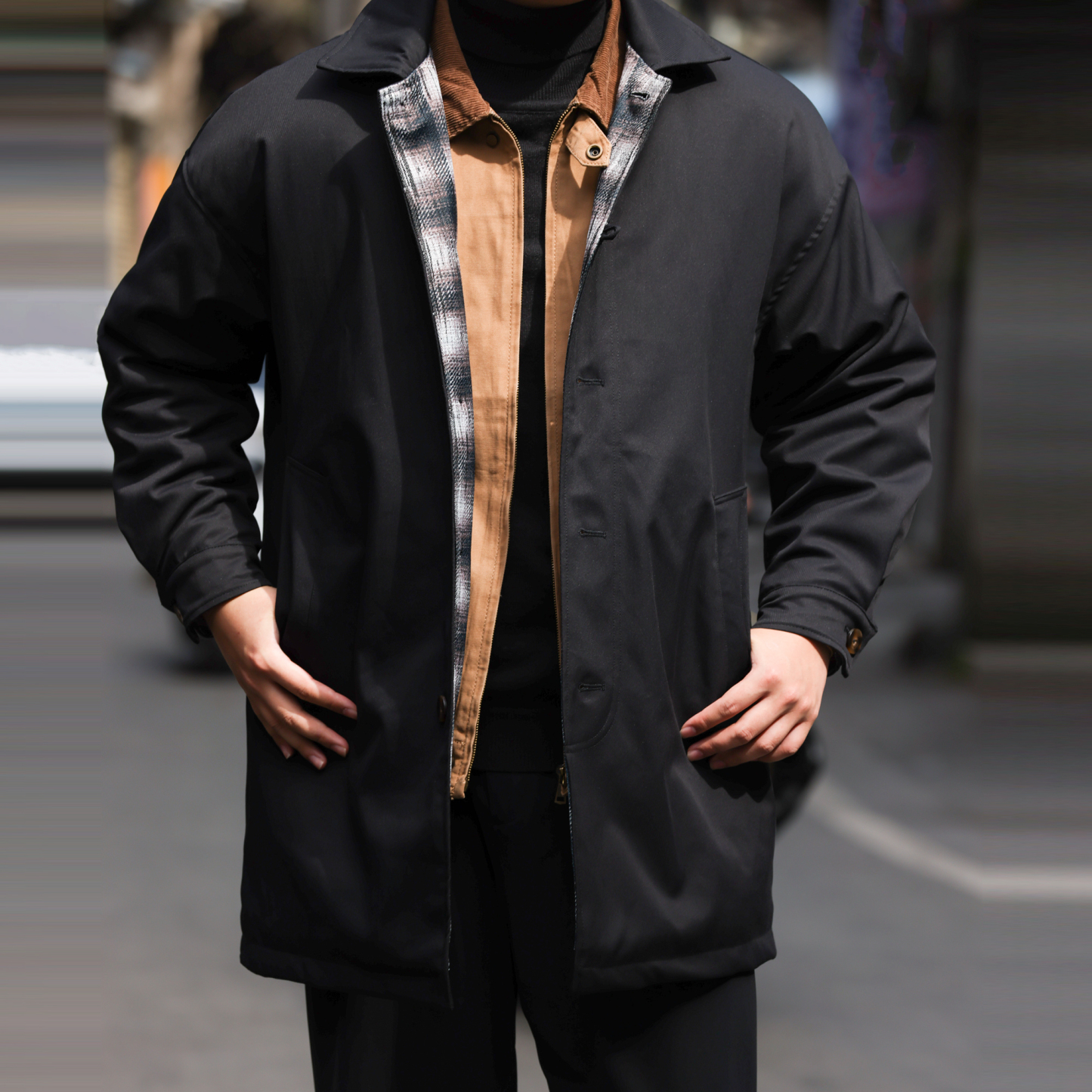 美式休閒翻領中長款風衣男夾棉加厚單排扣簡約棉衣外套