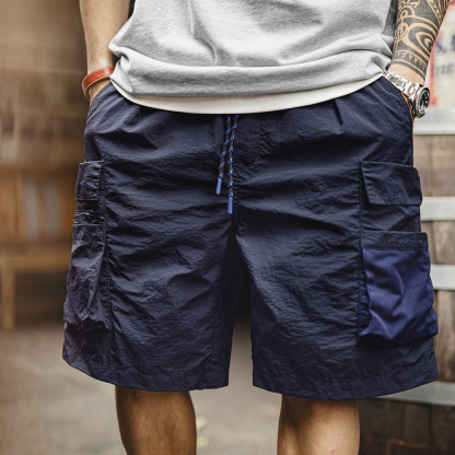 美式多口袋短褲速幹機能藏青色戶外輕薄款抽繩五分褲男夏