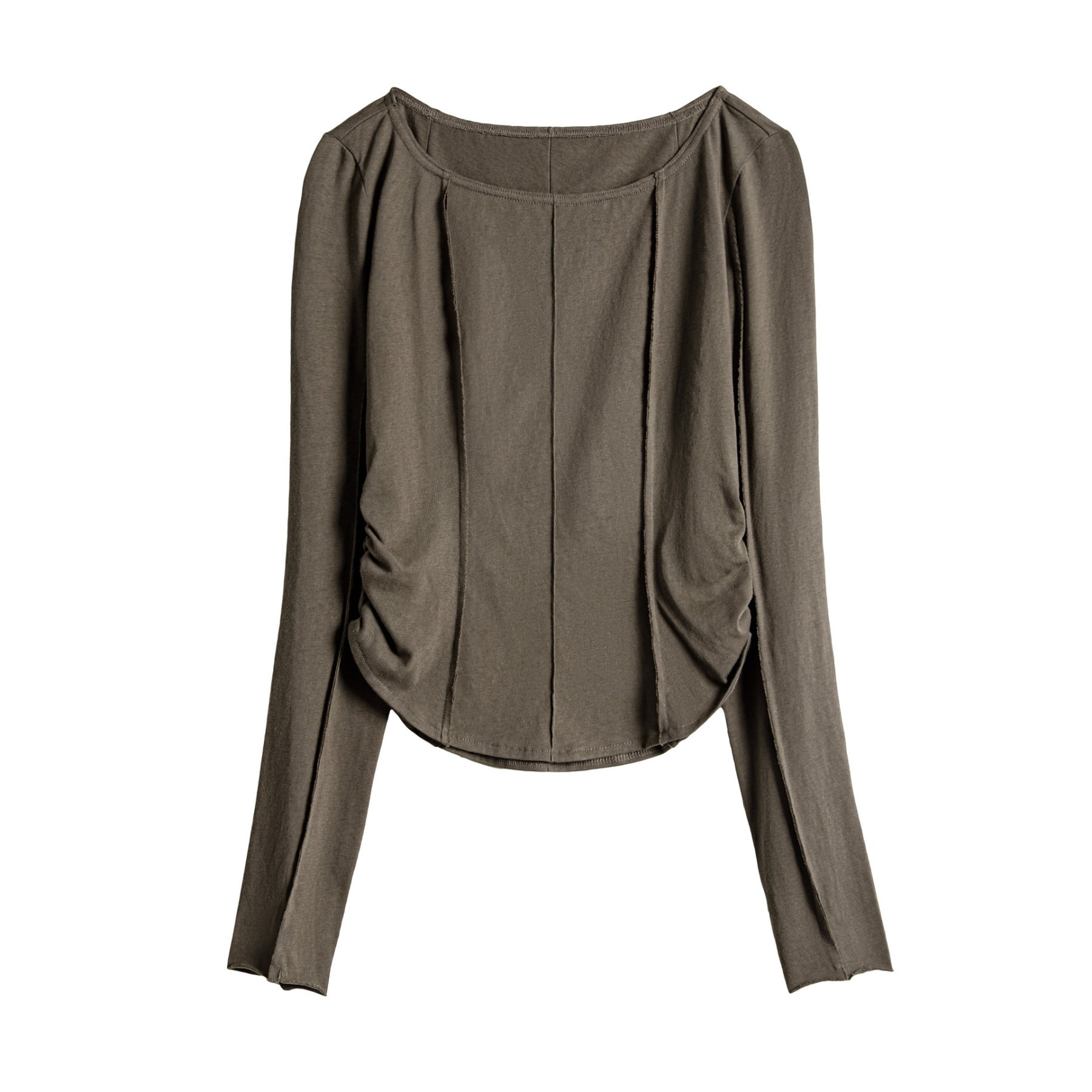 大領口薄款針織正肩長袖t恤魚骨收腰修身上衣打底罩衫女士夏