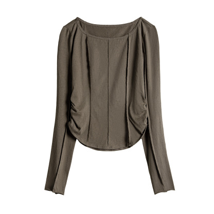 大領口薄款針織正肩長袖t恤魚骨收腰修身上衣打底罩衫女士夏