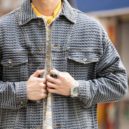 法式復古滿提花牛仔夾克男cityboy休閒高級感水洗外套秋-Retro's Wear