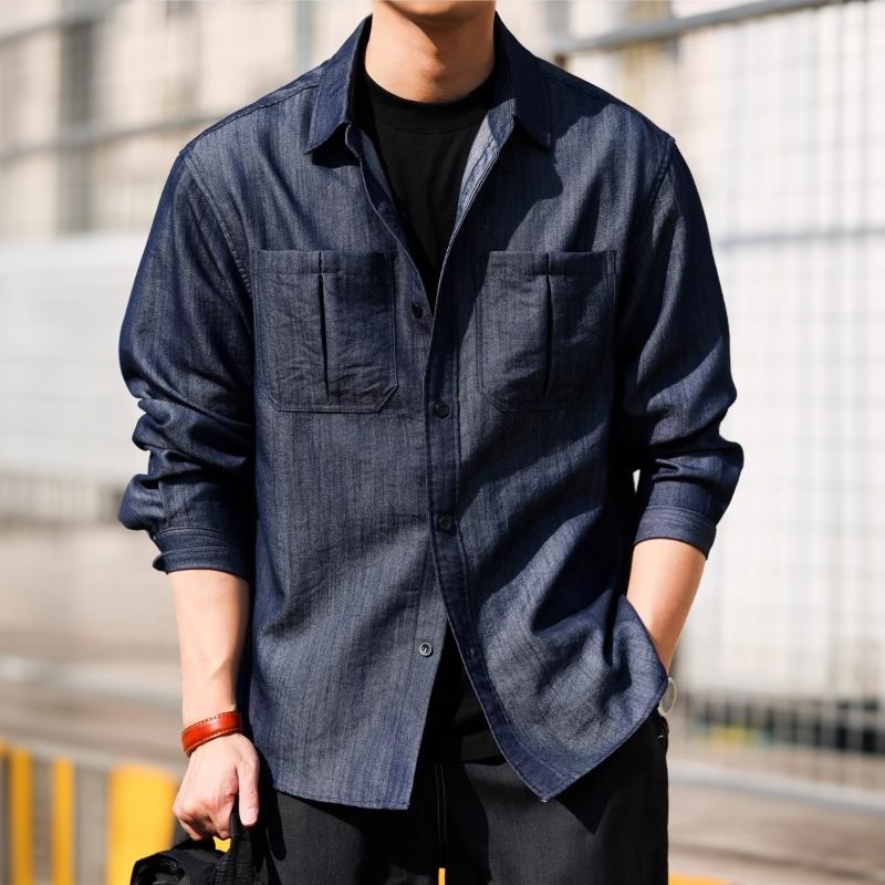美式復古肌理感仿牛仔長袖襯衫男寬鬆Vintage疊穿襯衣春