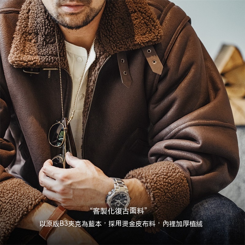 美式復古B3轟炸機皮衣夾克皮毛一體加絨機車麂皮外套男-Retro's Wear