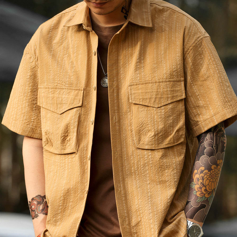 美式復古泡泡紗短袖襯衫男雙口袋暗紋翻領120g工裝襯衣