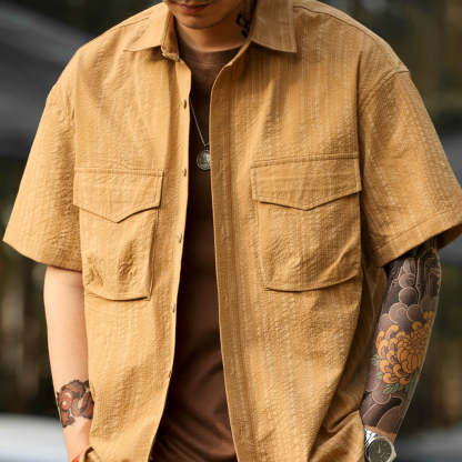 美式復古泡泡紗短袖襯衫男雙口袋暗紋翻領120g工裝襯衣