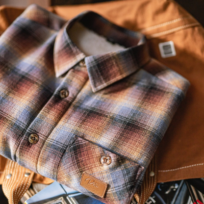 美式復古格子加絨襯衫外套搖粒絨保暖疊穿格紋襯衣男秋冬