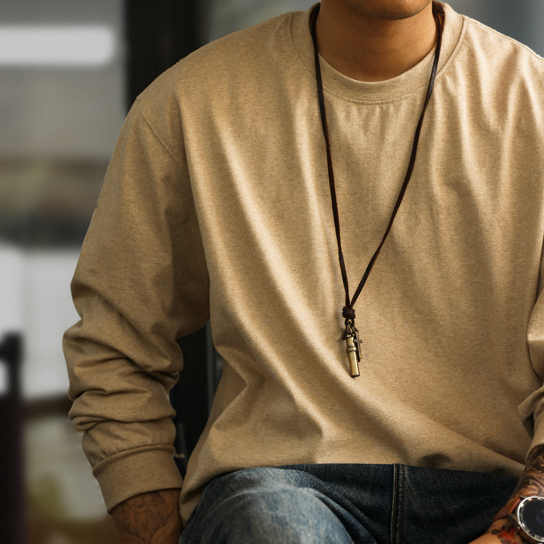 美式休閒260g燕麥灰圓領長袖T恤男秋季寬鬆基礎款打底衫