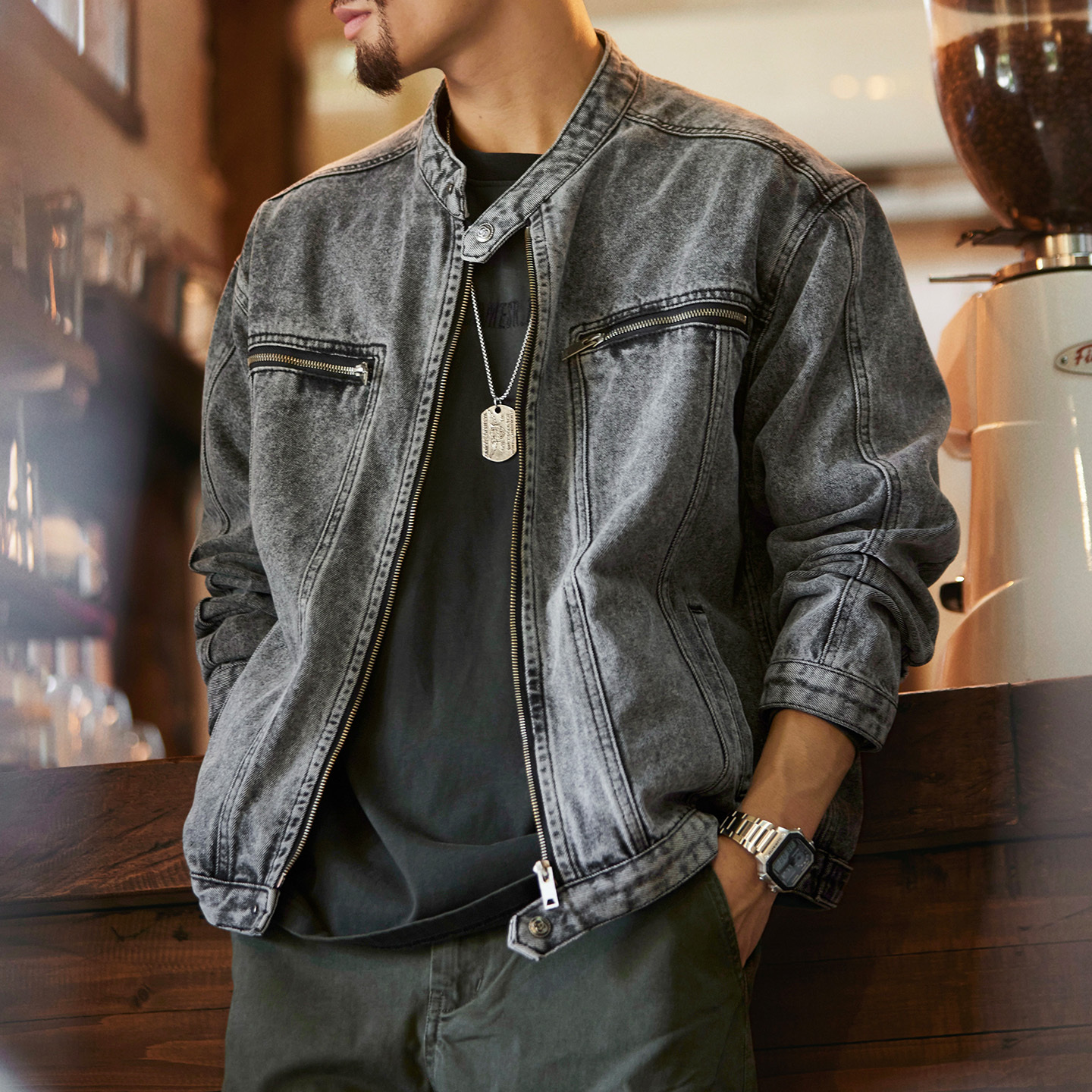 美式復古機車立領水洗牛仔夾克男2025秋季新款寬鬆拉鍊工裝外套