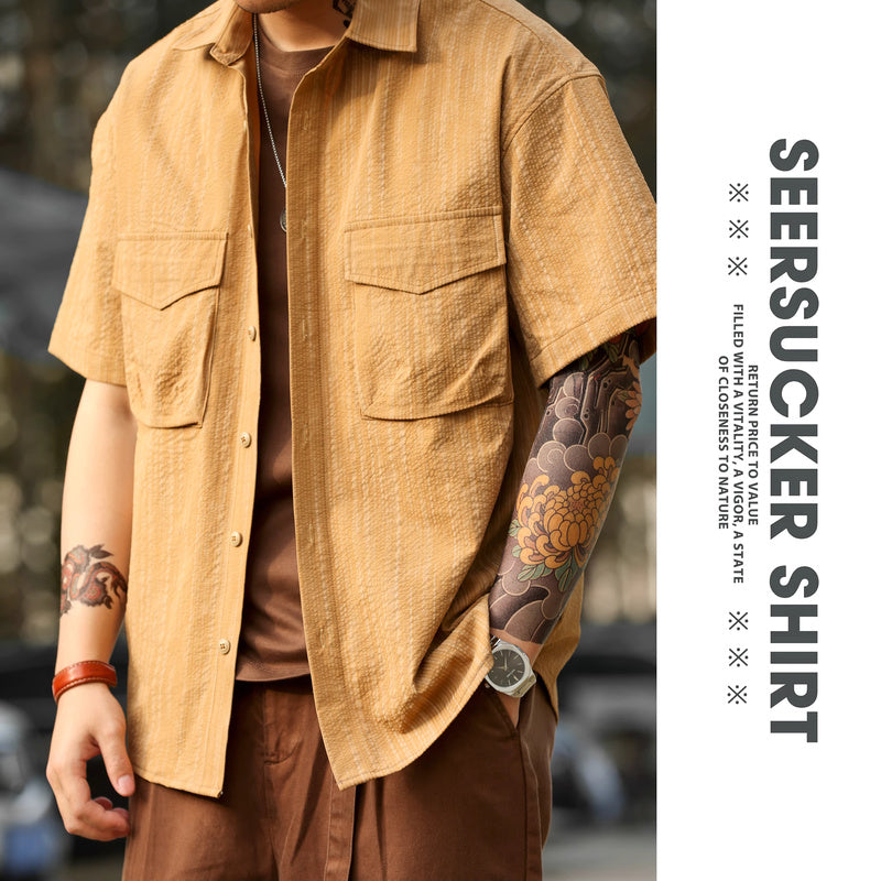 美式復古泡泡紗短袖襯衫男雙口袋暗紋翻領120g工裝襯衣