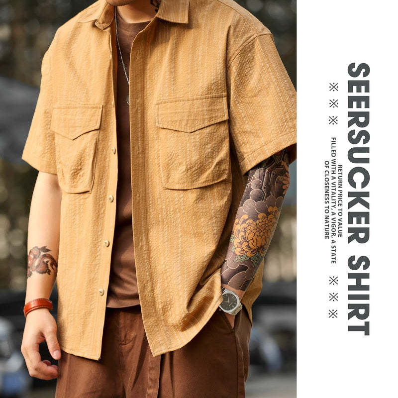 美式復古泡泡紗短袖襯衫男雙口袋暗紋翻領120g工裝襯衣