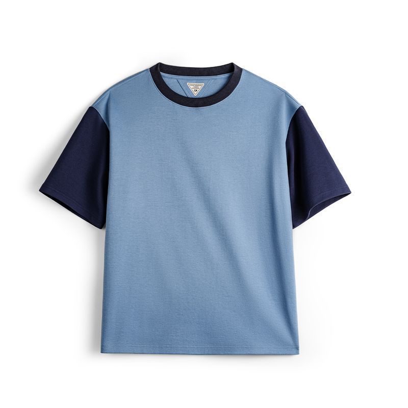 美式復古拼色T恤螺紋領口落肩袖寬鬆空氣層撞色短袖男夏