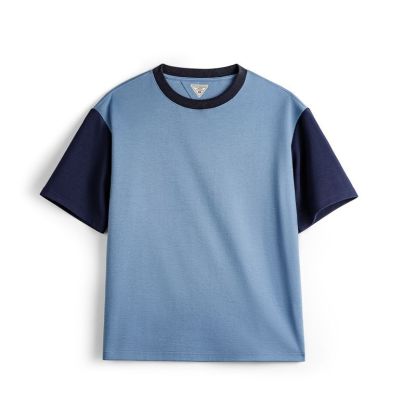 美式復古拼色T恤螺紋領口落肩袖寬鬆空氣層撞色短袖男夏