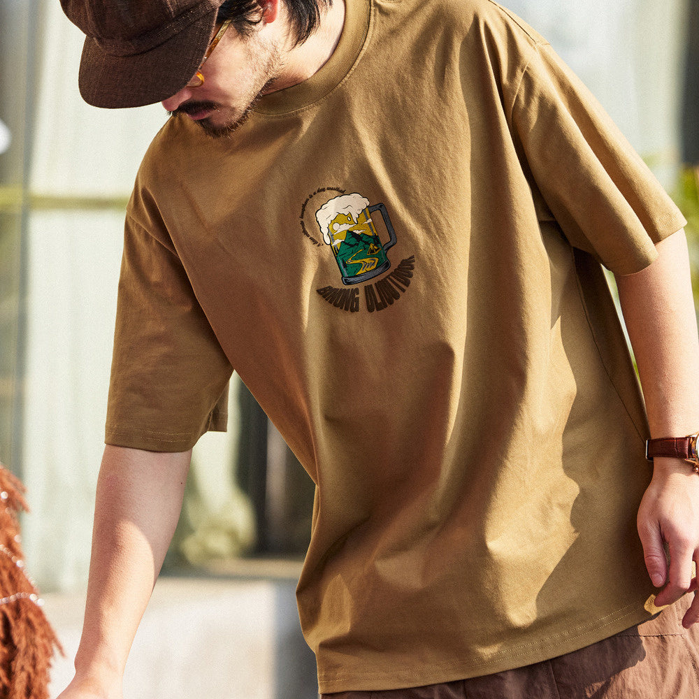 美式休閒230g水洗短袖T恤男寬鬆沙灘啤酒休閒圓領打底衫