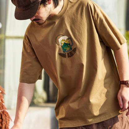 美式休閒230g水洗短袖T恤男寬鬆沙灘啤酒休閒圓領打底衫