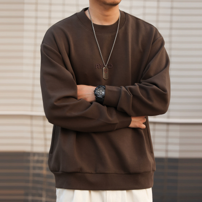 美式休閒無帽圓領字母刺繡衛衣男寬鬆380g打底長袖上衣