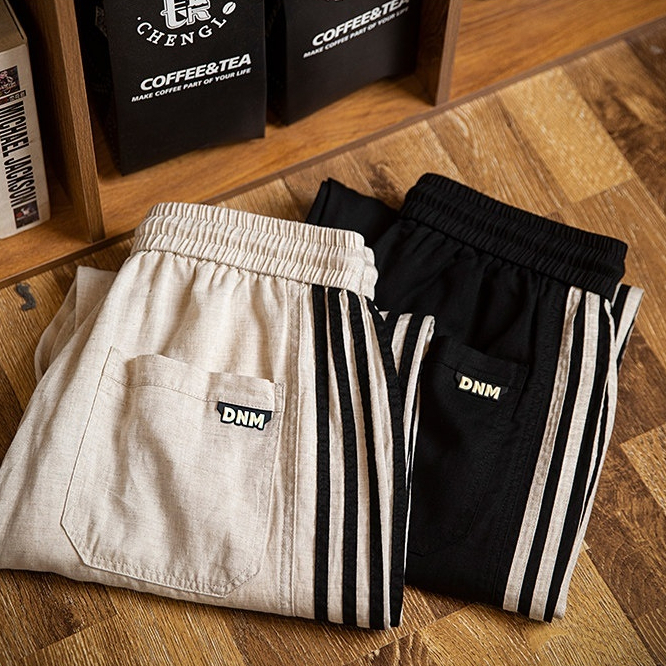 萊賽爾亞麻薄款休閒褲男夏季新款美式條紋男士垂感直筒長褲子