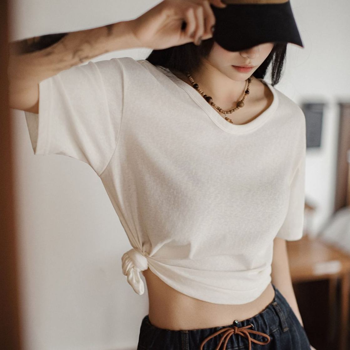 夏日象牙白輕薄基礎T恤微落肩肌理感內搭小心機微透短袖女