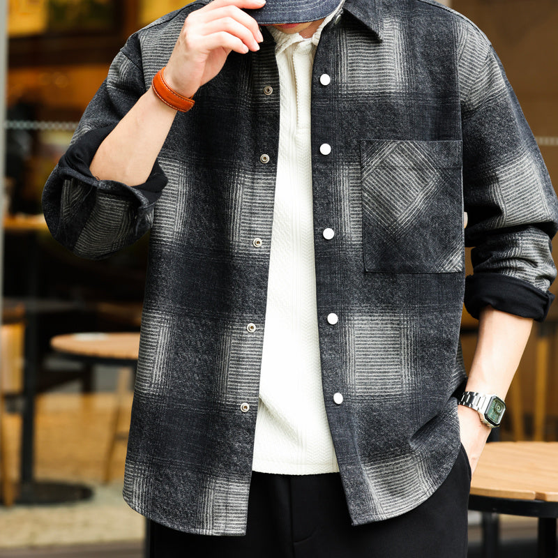 日系復古奇卡諾長袖仿毛呢襯衫男暈染撞色格紋磨毛寸衫外套-Retro's Wear