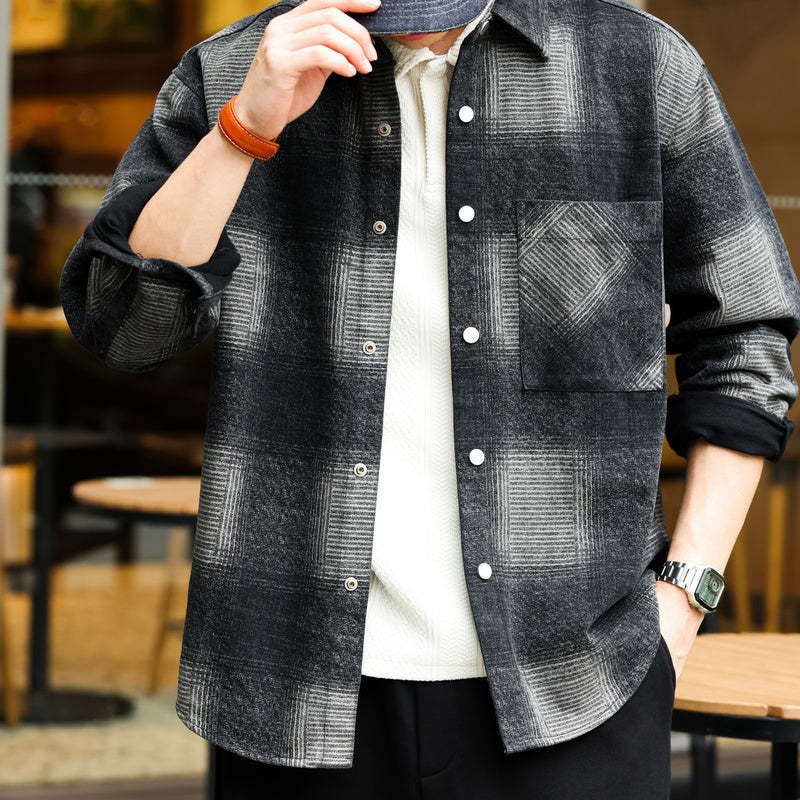 日系復古奇卡諾長袖仿毛呢襯衫男暈染撞色格紋磨毛寸衫外套-Retro's Wear