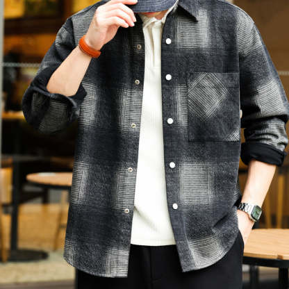 日系復古奇卡諾長袖仿毛呢襯衫男暈染撞色格紋磨毛寸衫外套-Retro's Wear