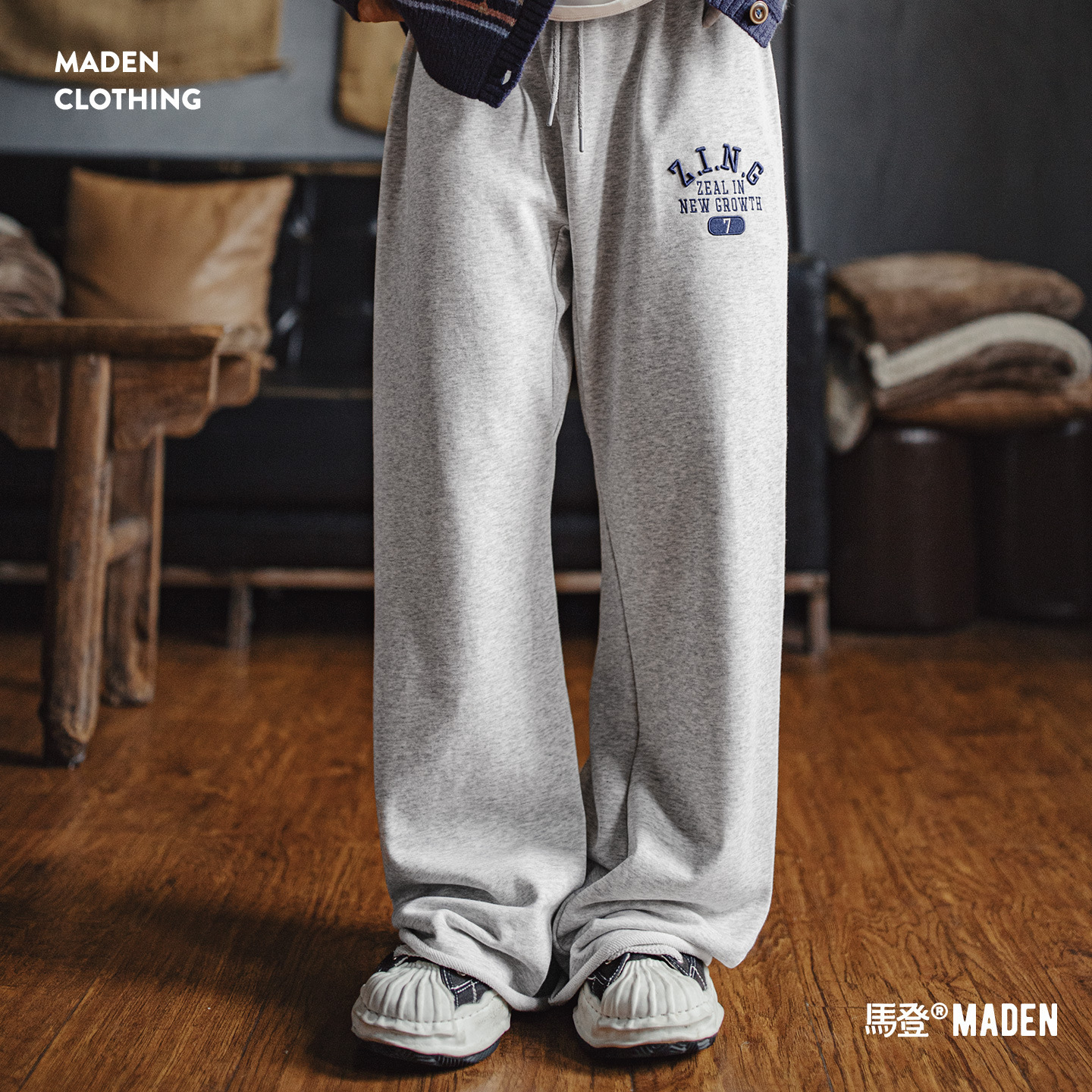 新款白花灰色高腰直筒闊腿卷邊抽繩運動休閒衛褲女士秋季