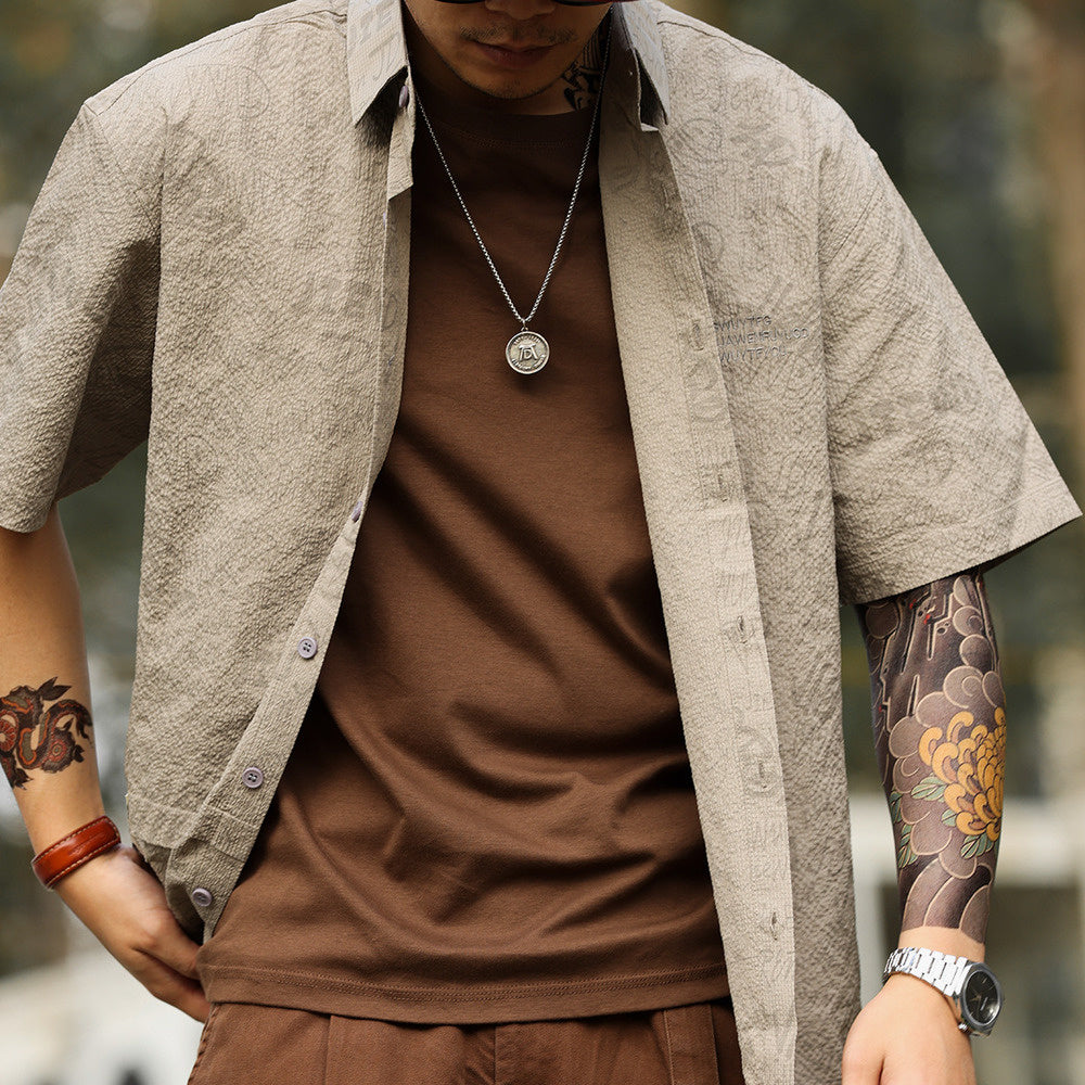 美式休閒夏威夷短袖襯衫男滿印提花雅痞復古疊穿襯衣