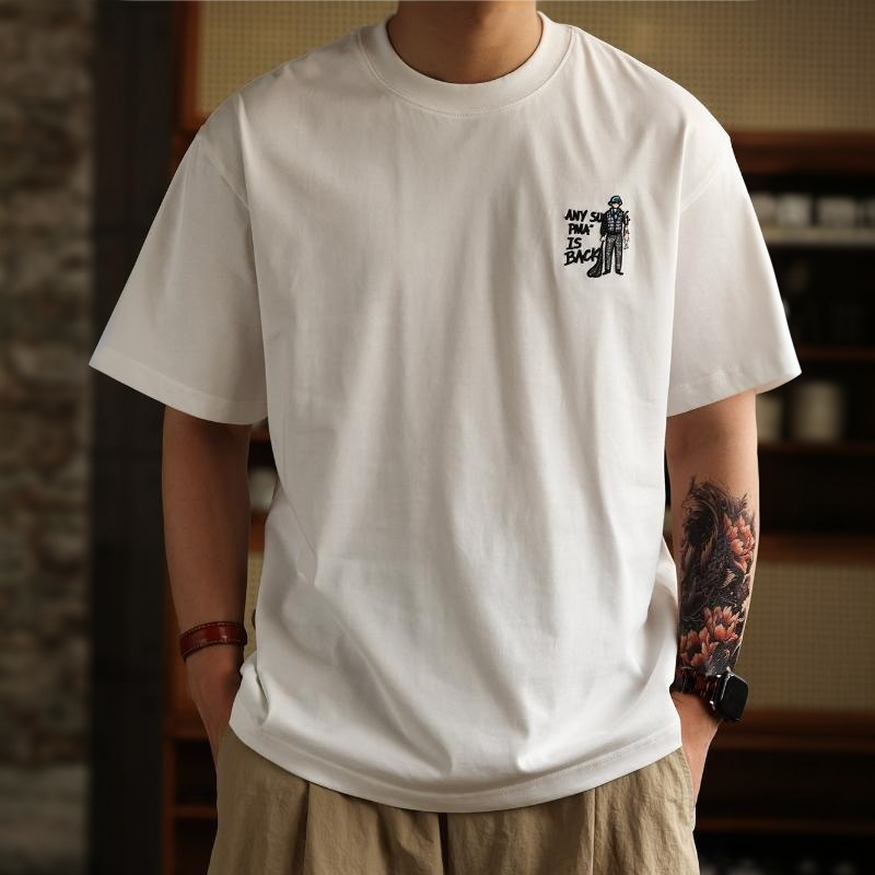 日系釣魚印花刺繡短袖T恤男士美式復古純棉休閒圓領上衣